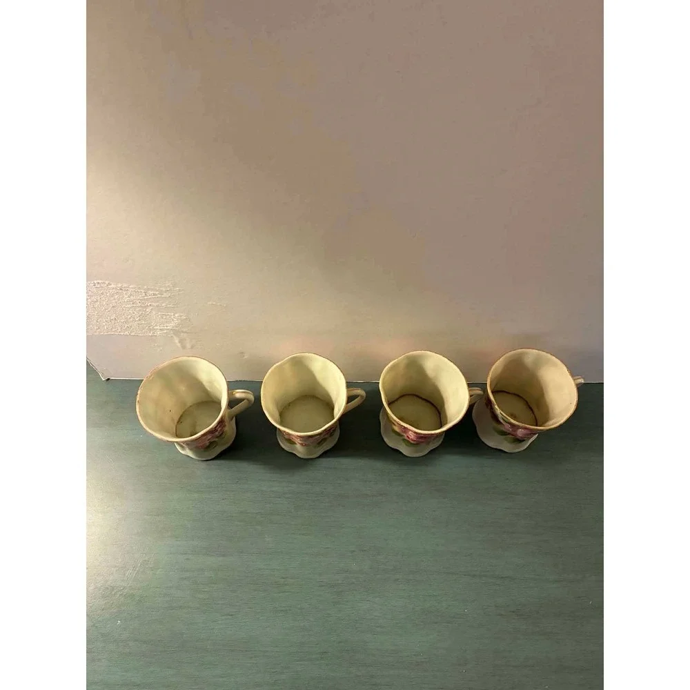 Vintage Porcelain Demitasse Cups Set of 4 Pink Floral Gold Trim Tea EspressoCups